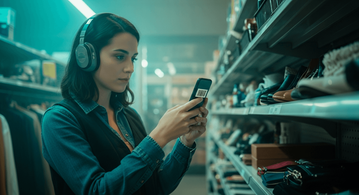 Person scanning products with smartphone in a thrift store using Find Sell Profit reseller tool